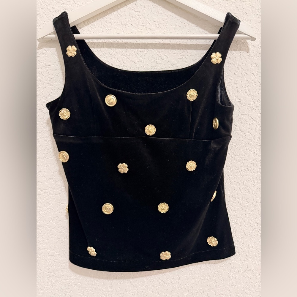 Elegant Black Velvet Sleeveless Top with Gold Accents | 90s Glam Evening Chic